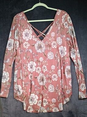 Vibe Dusty Rose Floral Crisscross V-Neck Tunic. LINED